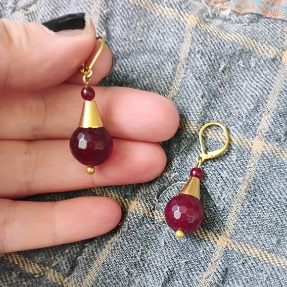 Faceted Ruby And Brass Drop Earrings - Picture 3 of 3